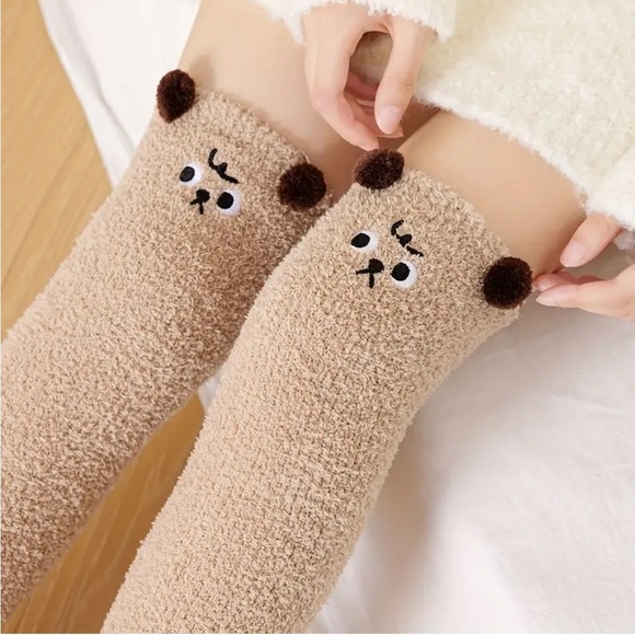 Cartoon Fuzzy High Knee Socks In Brown - Picture 2 of 5